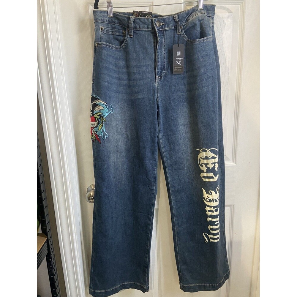 Ed Hardy Brave Eagle Wide Leg Jeans Size 32 Embroidered Sk8 Y2K NWT New